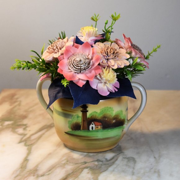 Antique lusterware hand painted lighthouse sugar bowl with Sola Wood flowers - Picture 9 of 9